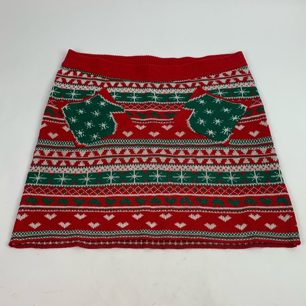 Love on a Hanger Knit Christmas Holiday Skirt XL stretch Front pockets Red Green
